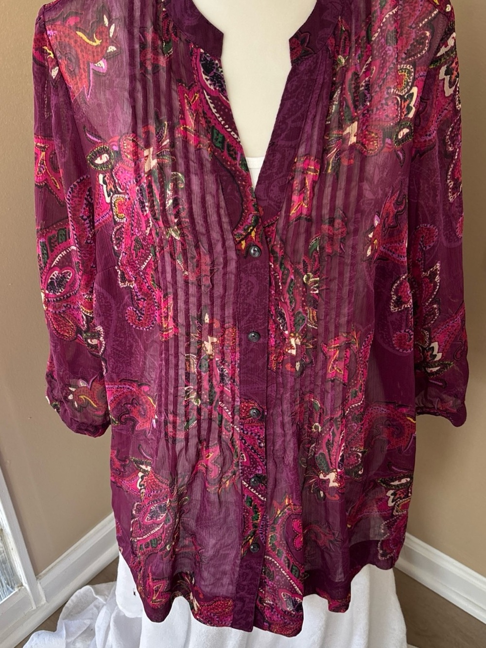 Charter Club Sheer Paisley Pintuck Tunic in Plum and Pink 3/4 Sleeve 2X